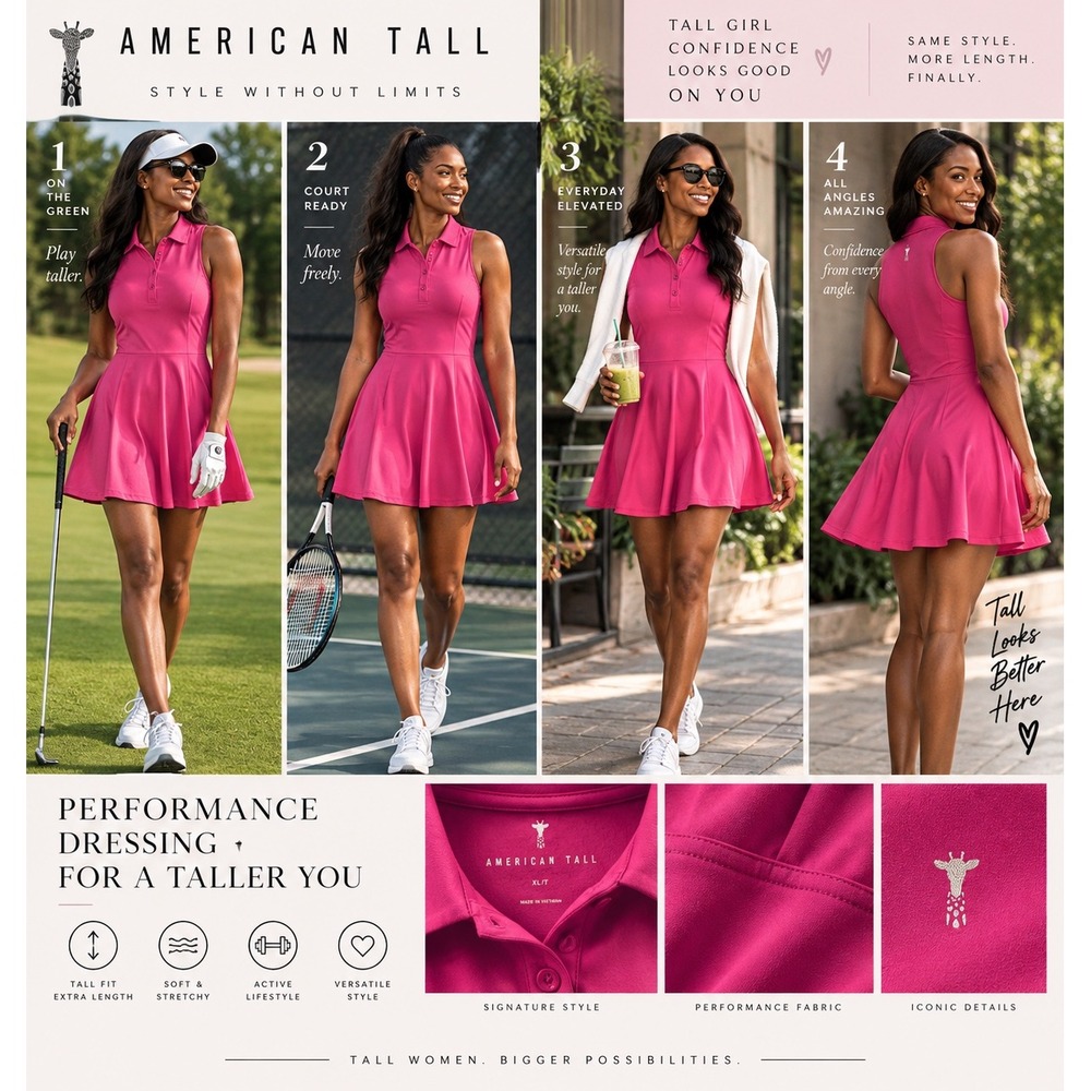 American Tall Women XL Tall Pink Golf Tennis Polo Dress Fit Flare Athletic